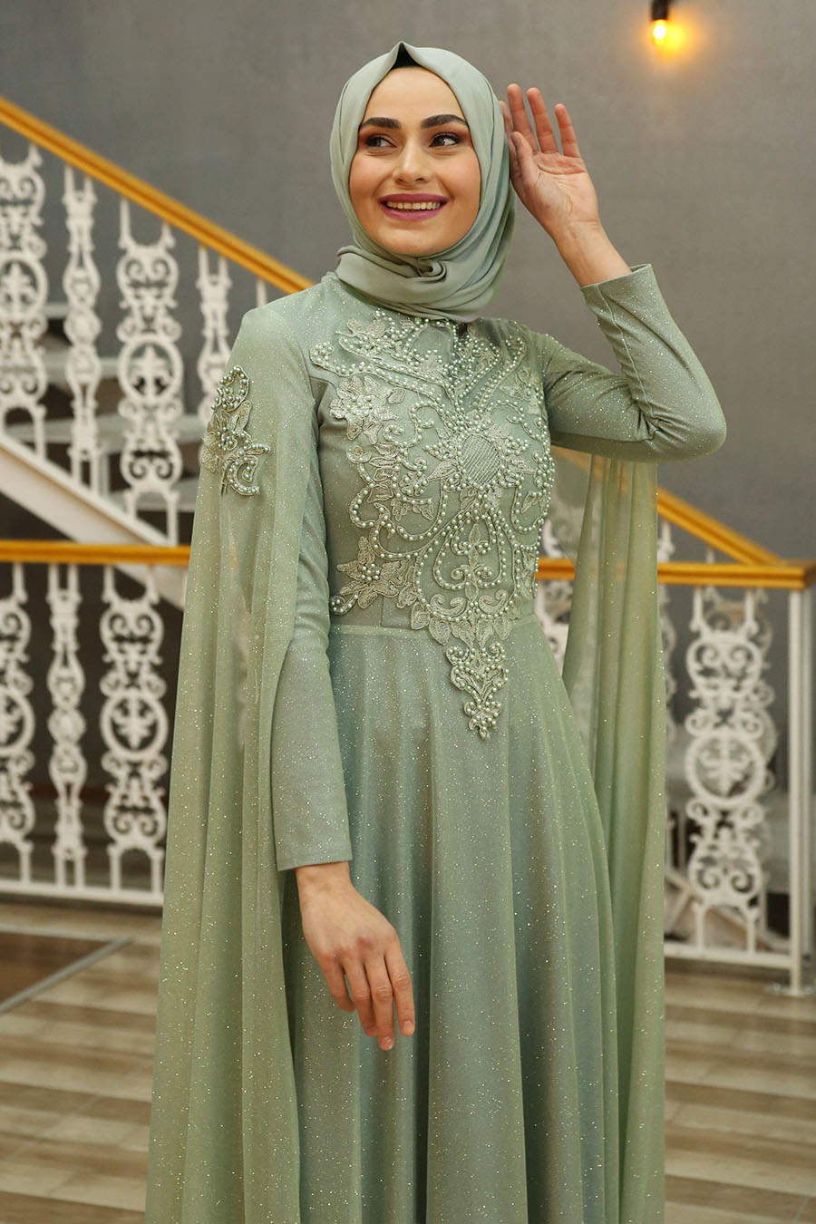 PEARL DETAILED GREEN EVENING DRESS